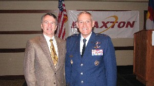 Lt. Gen. Michael J. Basla, USAF (r), vice commander, U.S. Air Force Space Command, joins Rod Pohlmann, chapter president, following the general's speech at a March event with the Colorado Springs Chamber of Commerce.